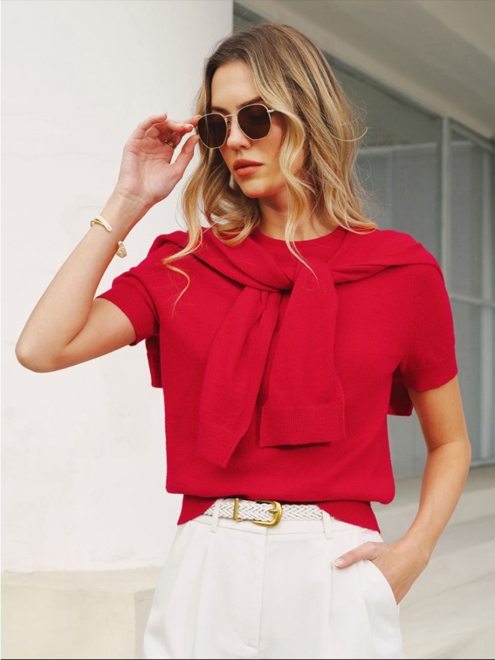REVOLVE Red Short-Sleeve Knit Top with Shoulder Sweater Tie